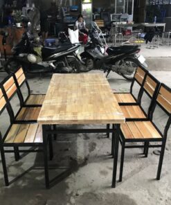 Bộ Bàn 6 Ghế Gỗ Cao Su Chân Sắt